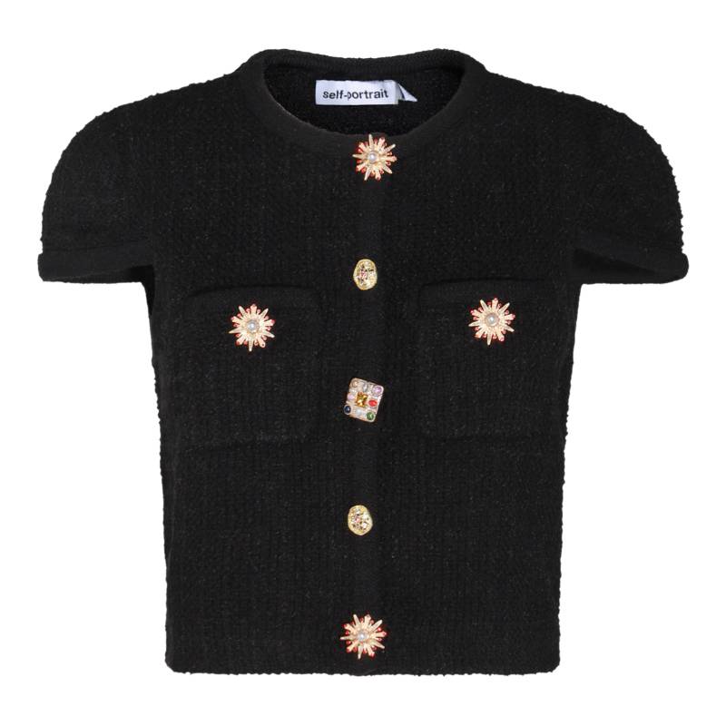 (Women) Self-Portrait  Classic Black Knit Short Sleeve Top with Button Detail PF24127TBBLACK