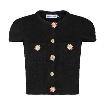 (Women) Self-Portrait Classic Black Knit Short Sleeve Top with Button Detail PF24127TBBLACK