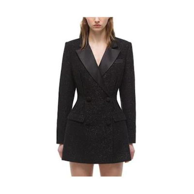(Women) Self-Portrait Classic Black Long Sleeve Midi Dress with Blazer Collar. SWF335Y11400