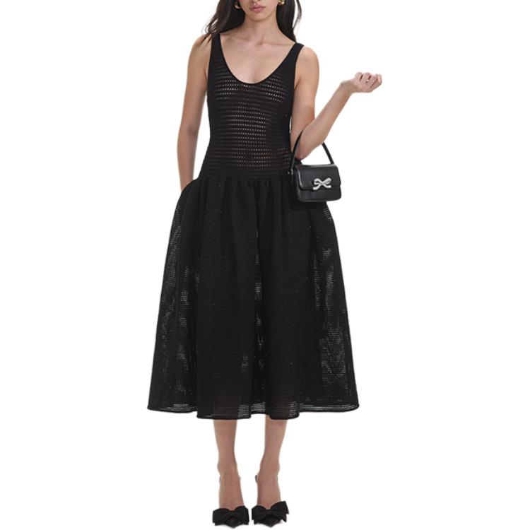 (Women) Self-Portrait  Classic Black Midi U-Neck Sleeveless Dress. SWF353M01000