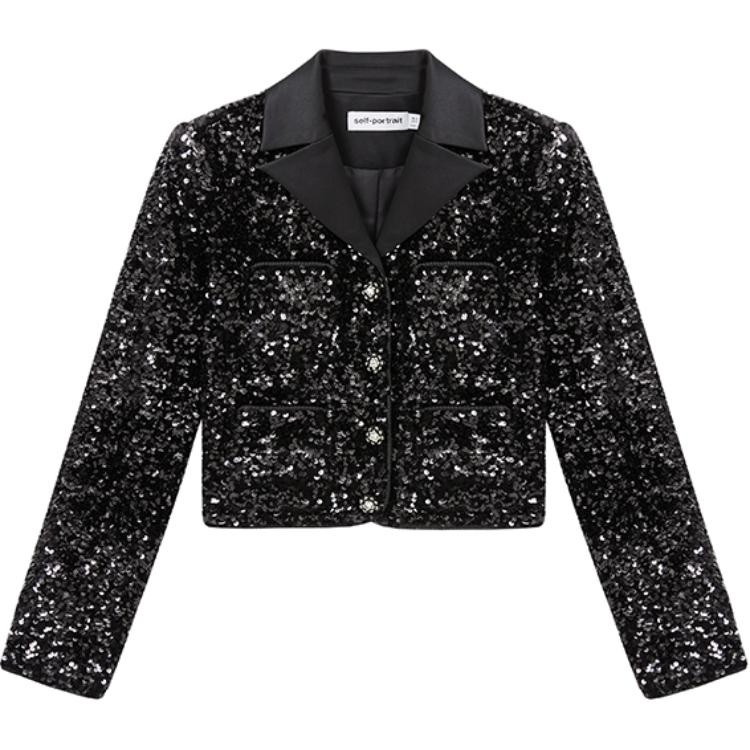 (Women) Self-Portrait  Classic Black Sequin Long-Sleeve Fashion Blazer SWF351T00800