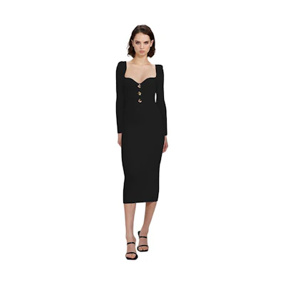 (Women) Self-Portrait Classic Black U-Neck Long Sleeve Knit Dress SWF333M09700