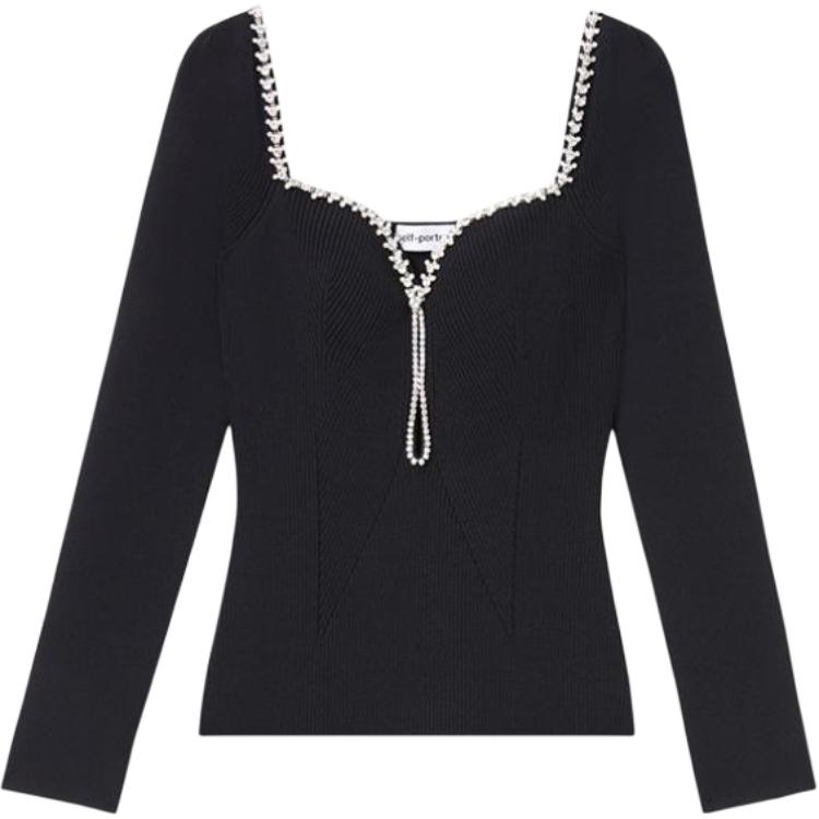 (Women) Self-Portrait  Classic Black V-Neck Knit Sweater with Chain Detailing. SWF343M01100