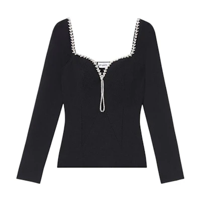 (Women) Self-Portrait Classic Black V-Neck Knit Sweater with Chain Detailing. SWF343M01100