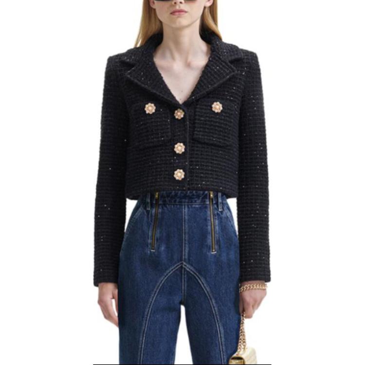 (Women) Self-Portrait  Classic Black V-Neck Short Sleeve Jacket SWF344M04500