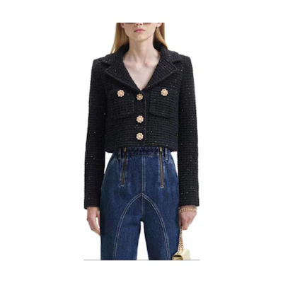 (Women) Self-Portrait Classic Black V-Neck Short Sleeve Jacket SWF344M04500