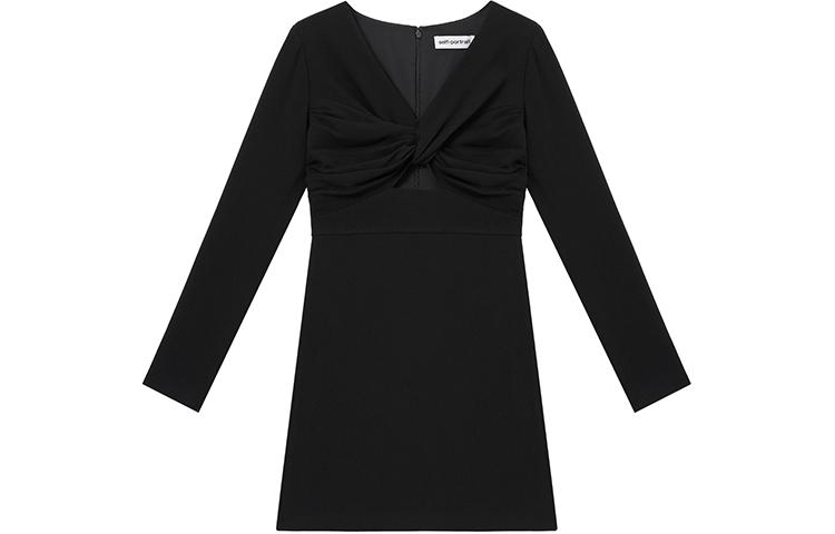 (Women) Self-Portrait  Classic Black V-Neck Slim Fit Long Sleeve Mini Dress SWF352Y16600