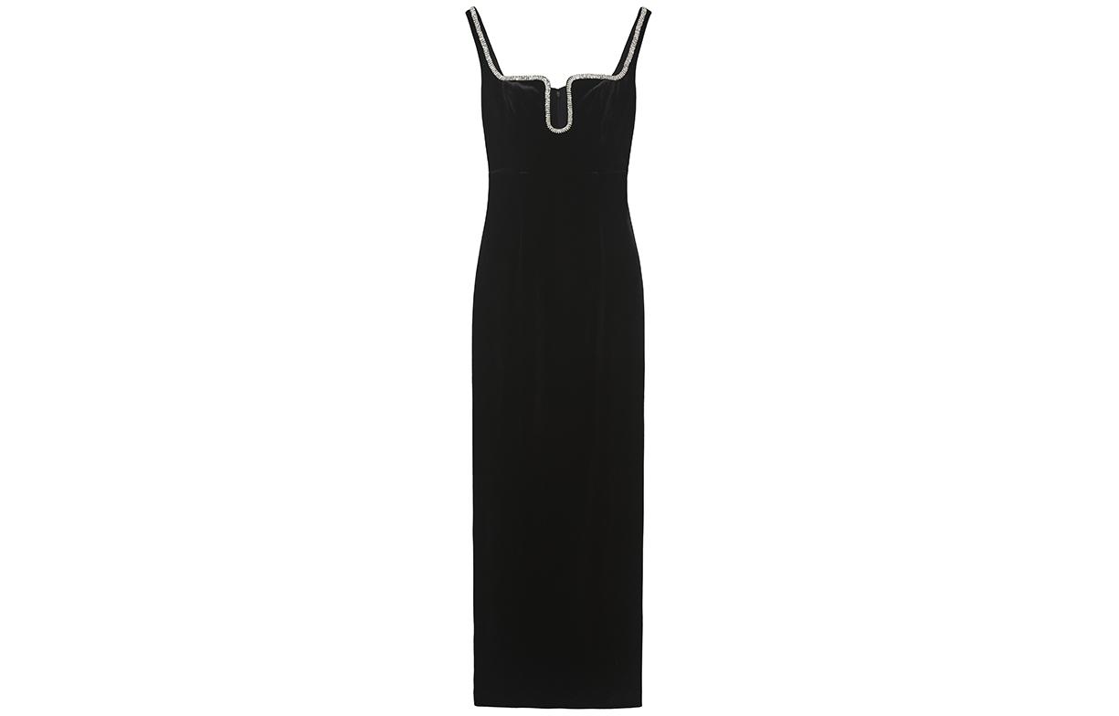 (Women) Self-Portrait  Classic Black Velvet Midi Slip Dress with U-Neck Design. SWF351Y01200