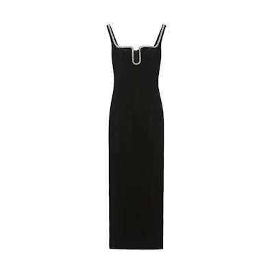 (Women) Self-Portrait Classic Black Velvet Midi Slip Dress with U-Neck Design. SWF351Y01200