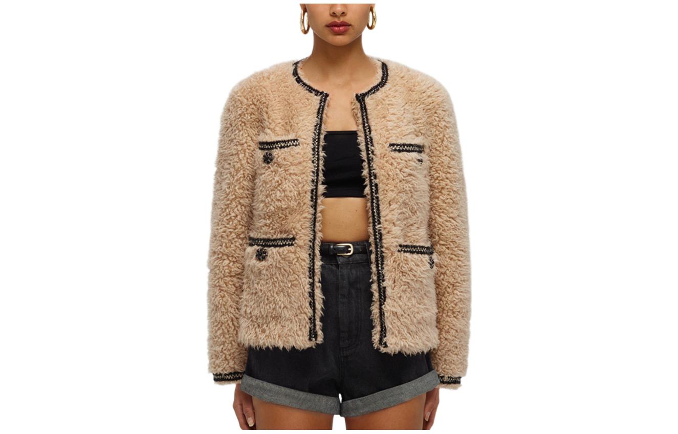 (Women) Self-Portrait  Contrast Trim Tweed Jacket in Light Camel Color. SWF331D00100