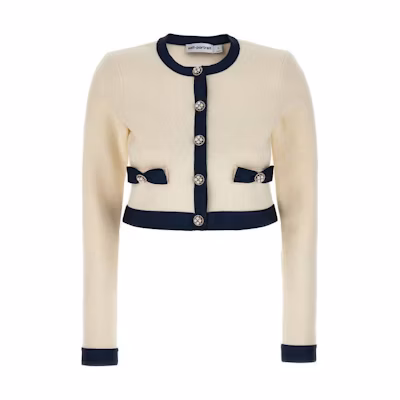 (Women) Self-Portrait Cream Bow Short Cropped Knit Long Sleeve Sweater RS24151JCCREAM