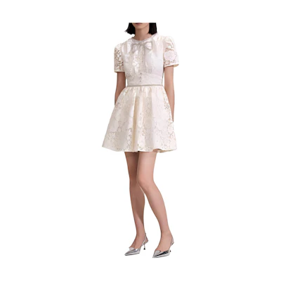 (Women) Self-Portrait Cream Lace Short Sleeve Dress. PF23035SCPCREAM