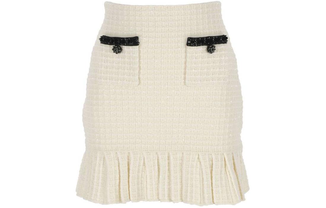 (Women) Self-Portrait  Cream Lace Trim Short Skirt - Casual Elastic Design. RS24150SKC
