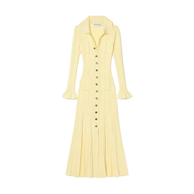 (Women) Self-Portrait Cream Yellow Polo Collar Long Flare Sleeve A-Line Dress SWF352M06000