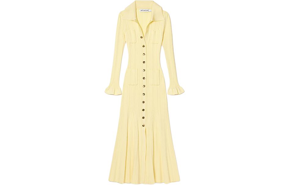 Order (Women) Self-Portrait  Cream Yellow Polo Collar Long Flare Sleeve A-Line Dress SWF352M06000
