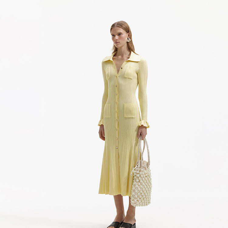 Lookbook (Women) Self-Portrait  Cream Yellow Polo Collar Long Flare Sleeve A-Line Dress SWF352M06000