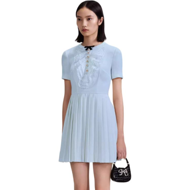 (Women) Self-Portrait  Crewneck Colorblock Short-Sleeve Dress Misty Blue. SWF343Y10100