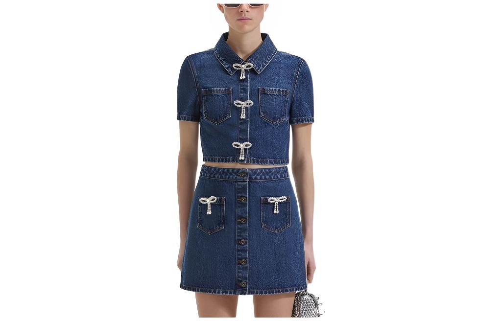 (Women) Self-Portrait  Cropped Denim Jacket Polo Collar Short Sleeve Casual Trendy. SWF352C04900