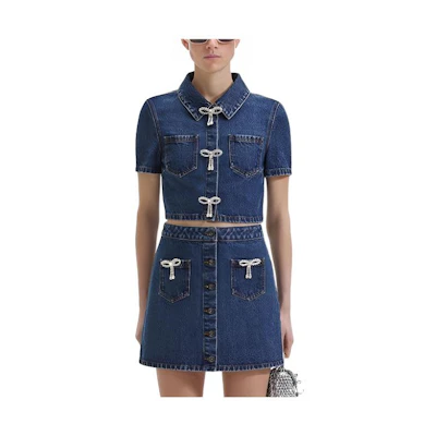 (Women) Self-Portrait Cropped Denim Jacket Polo Collar Short Sleeve Casual Trendy. SWF352C04900