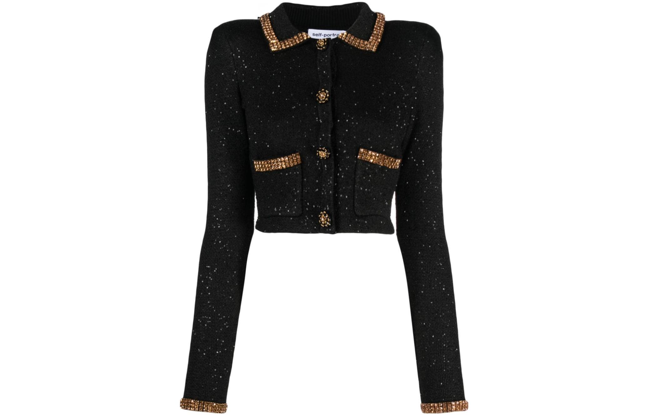 (Women) Self-Portrait  Cropped Knit Cardigan with Collared Long Sleeves AW23176JBBLACK