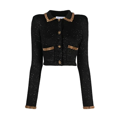 (Women) Self-Portrait Cropped Knit Cardigan with Collared Long Sleeves AW23176JBBLACK