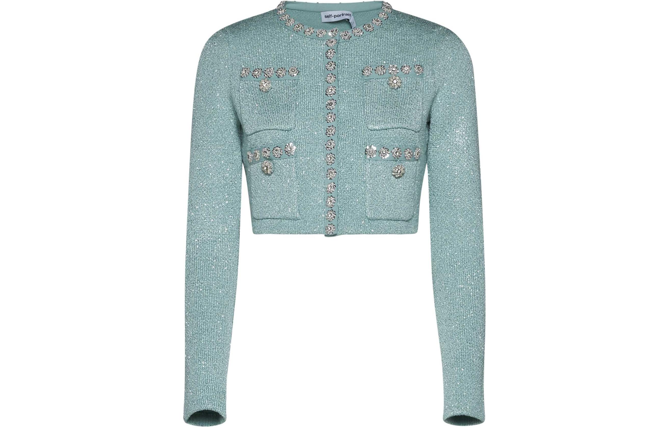 (Women) Self-Portrait  Cropped Long Sleeve Jacket - Solid Blue RS24159JBLMINT