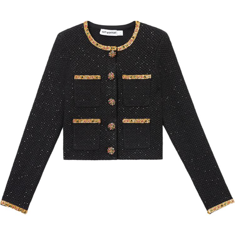 (Women) Self-Portrait  Cropped Tweed Long Sleeve Jacket - Black Multicolor SWF344M05100