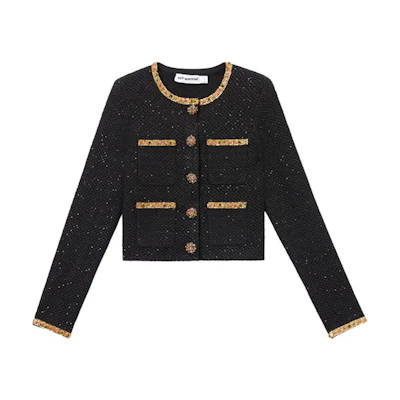 (Women) Self-Portrait Cropped Tweed Long Sleeve Jacket - Black Multicolor SWF344M05100