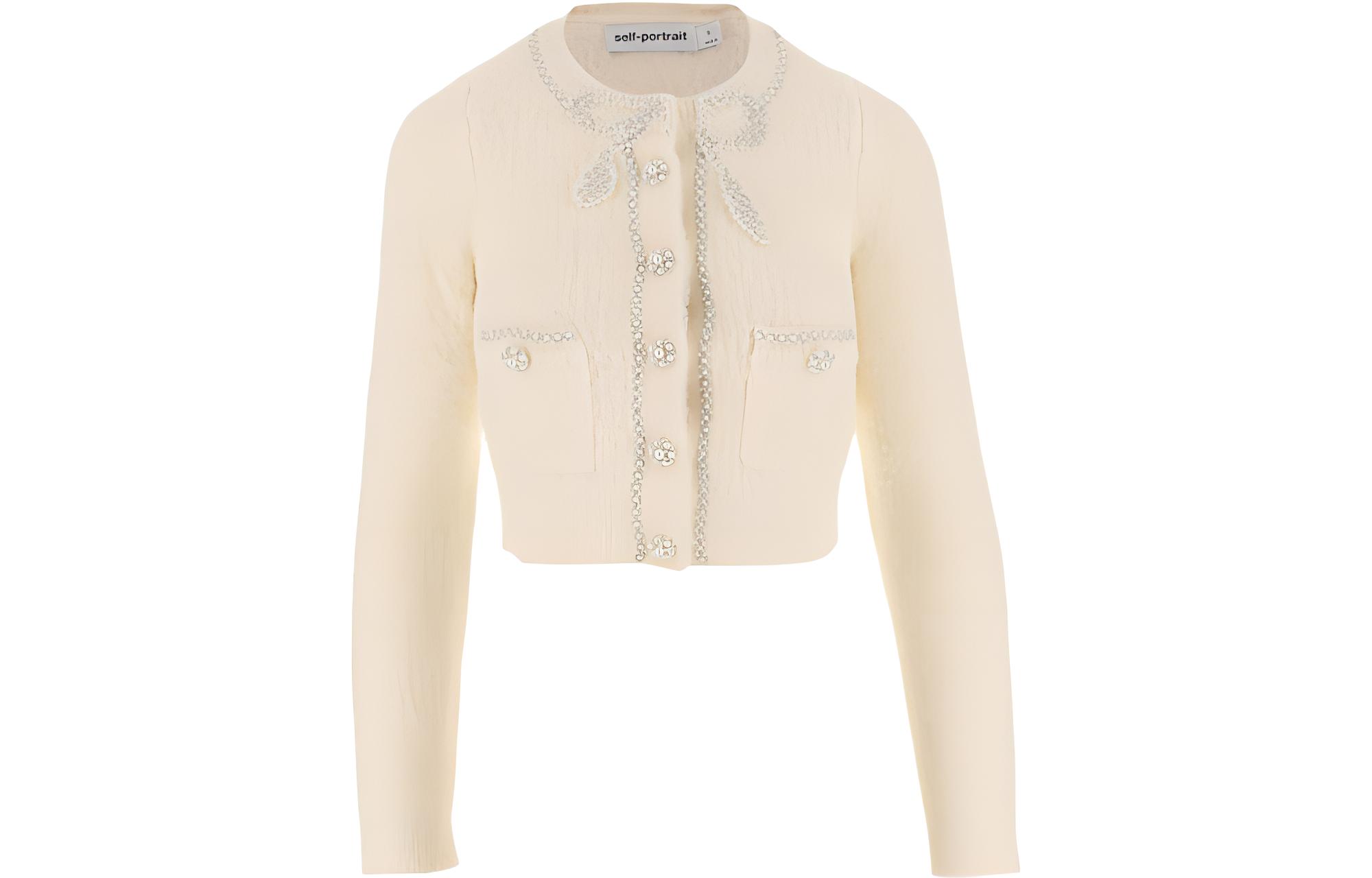 (Women) Self-Portrait  Crystal-Embellished Long Sleeve Knit Cardigan Sweater SC23016JCCREAM