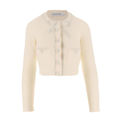(Women) Self-Portrait Crystal-Embellished Long Sleeve Knit Cardigan Sweater SC23016JCCREAM
