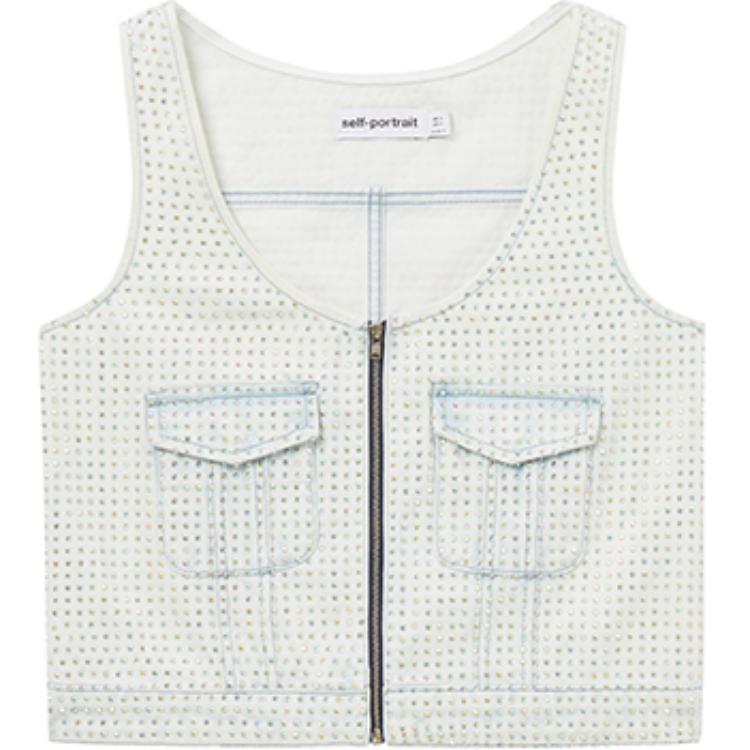 (Women) Self-Portrait  Crystal Embellished Crop Vest Light Denim Blue SWF353B00700