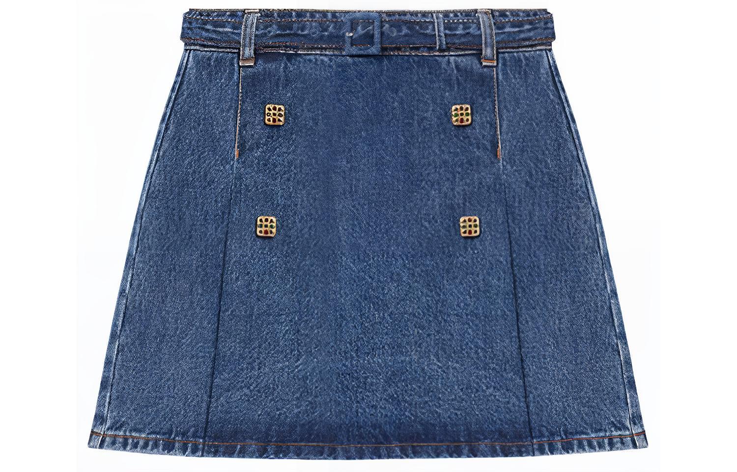 (Women) Self-Portrait  Denim Blue A-Line Button Mini Skirt. SWF352Q02900