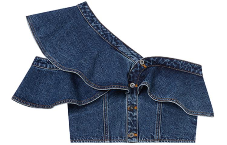 (Women) Self-Portrait  Denim Blue Asymmetric Ruffle Cropped Top. SWF352C04100