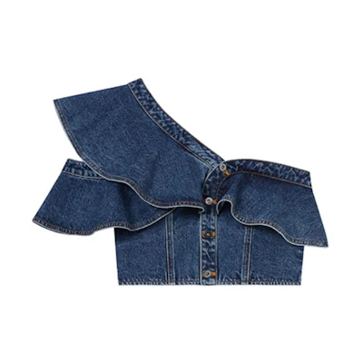 (Women) Self-Portrait Denim Blue Asymmetric Ruffle Cropped Top. SWF352C04100