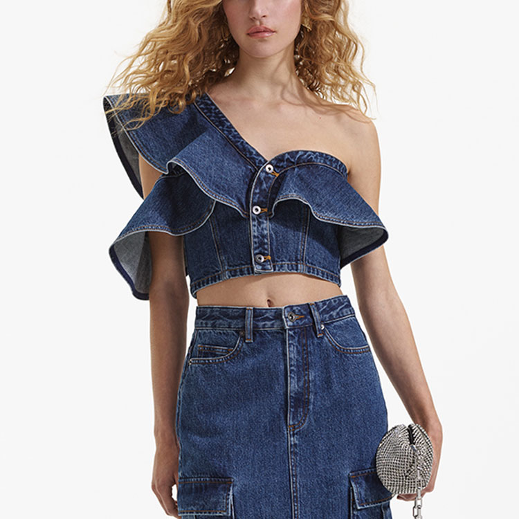 Purchase (W) Self-Portrait Denim Biru Atas Beralun Asimetri Crop. SWF352C04100