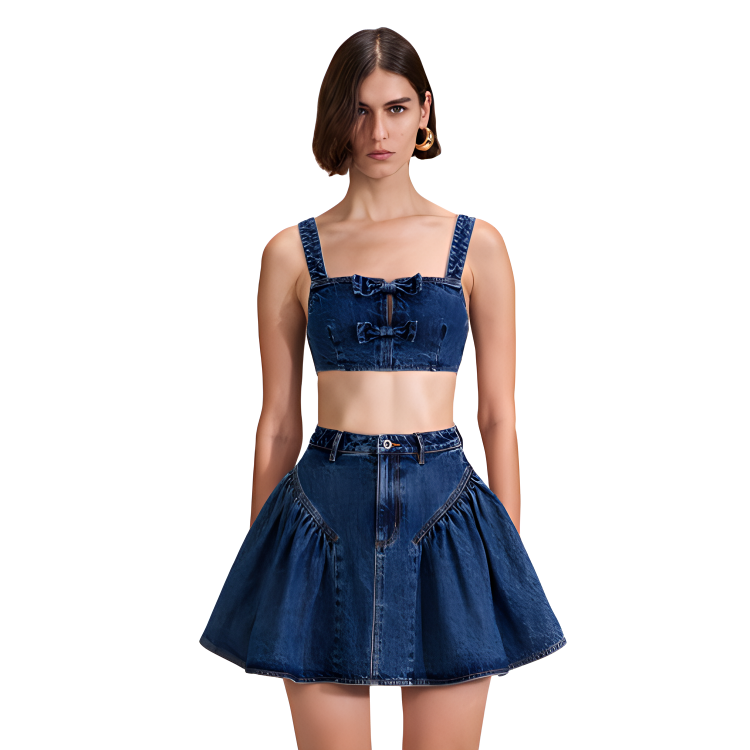 (Women) Self-Portrait  Denim Blue Bow Tie Sleeveless Crop Top Tank Casual Vest. SWF342B00400