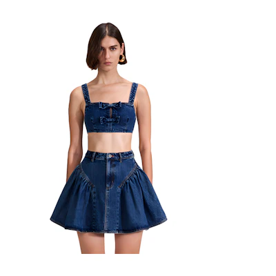 (Women) Self-Portrait Denim Blue Bow Tie Sleeveless Crop Top Tank Casual Vest. SWF342B00400