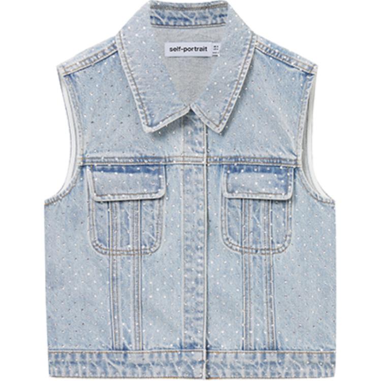 (Women) Self-Portrait  Denim Blue Crystal Embellished Buttoned Vest. SWF353B00900