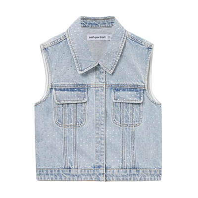 (Women) Self-Portrait Denim Blue Crystal Embellished Buttoned Vest. SWF353B00900
