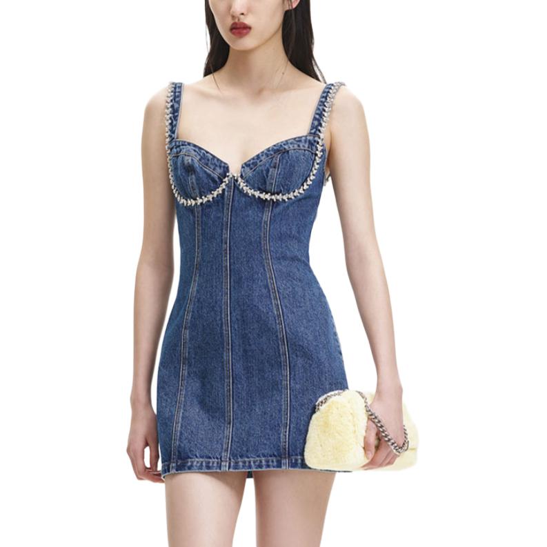 (Women) Self-Portrait  Denim Blue Heart Neckline High-Waist A-Line Party Dress SWF344Y19000