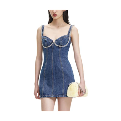 (Women) Self-Portrait Denim Blue Heart Neckline High-Waist A-Line Party Dress SWF344Y19000