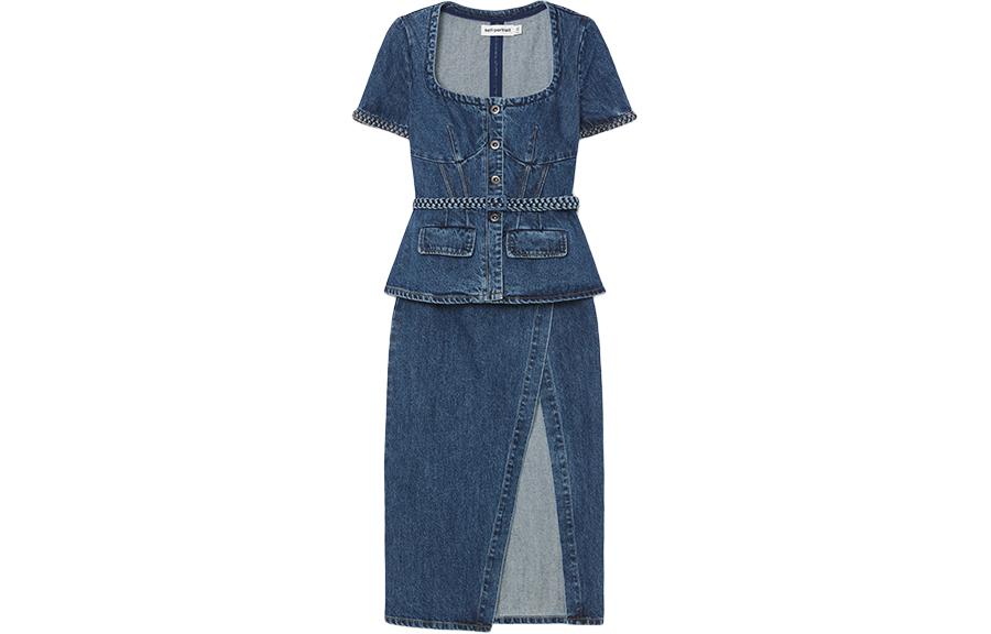 (Women) Self-Portrait  Denim Blue Midi Dress with U-Neck and Short Sleeves. SWF352Y17800