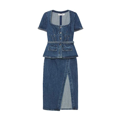 (Women) Self-Portrait Denim Blue Midi Dress with U-Neck and Short Sleeves. SWF352Y17800