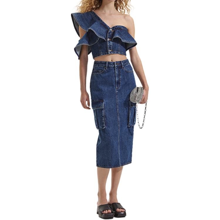 (Women) Self-Portrait  Denim Blue Midi Skirt - Casual Solid Workwear Style SWF352Q03000 圖 3