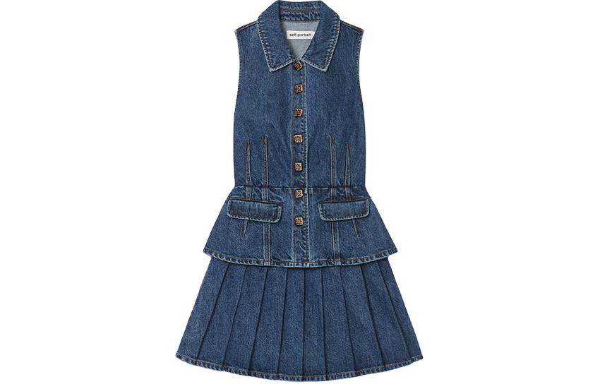 (Women) Self-Portrait  Denim Blue Sleeveless Vintage Collared Dress SWF352Y18000