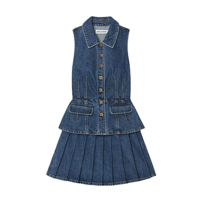 (Women) Self-Portrait Denim Blue Sleeveless Vintage Collared Dress SWF352Y18000