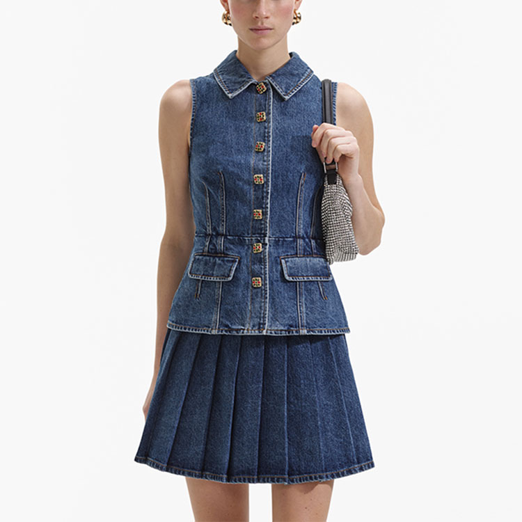 (Women) Self-Portrait  Denim Blue Sleeveless Vintage Collared Dress SWF352Y18000 圖 3