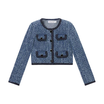 (Women) Self-Portrait Denim Blue Textured Long Sleeve Jacket SWF353T00500