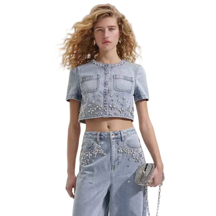 (Women) Self-Portrait  Denim Jacket with Rhinestone Details and Short Sleeves. SWF352C04200
