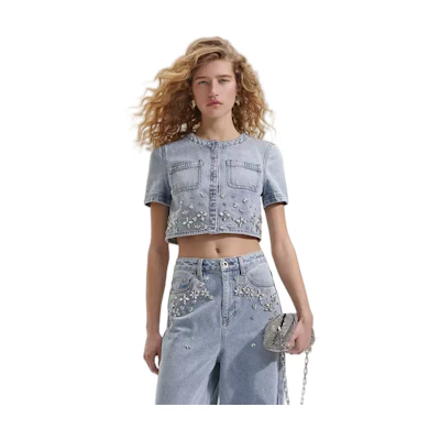 (Women) Self-Portrait Denim Jacket with Rhinestone Details and Short Sleeves. SWF352C04200